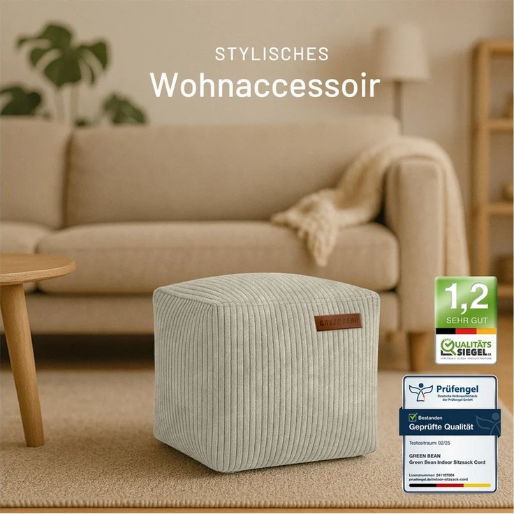 Green Bean Indoor Cord Sitzhocker Pouf Cube 40x40x40cm mit EPS-Perlen Füllung - kuschelig weich waschbar - die ideale Ergänzung zum Sitzsack für Kinder & Erwachsene - Beige – Bild 4