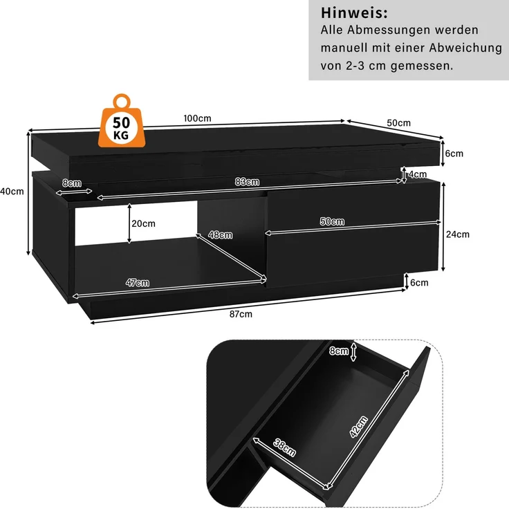 DESVIAE TV-Schrank-Set 2-tlg. mit Couchtisch und LED-Beleuchtung, Spanplatte, Schwarz, 181x38x38 cm und 100x40,3x50 cm – Bild 10