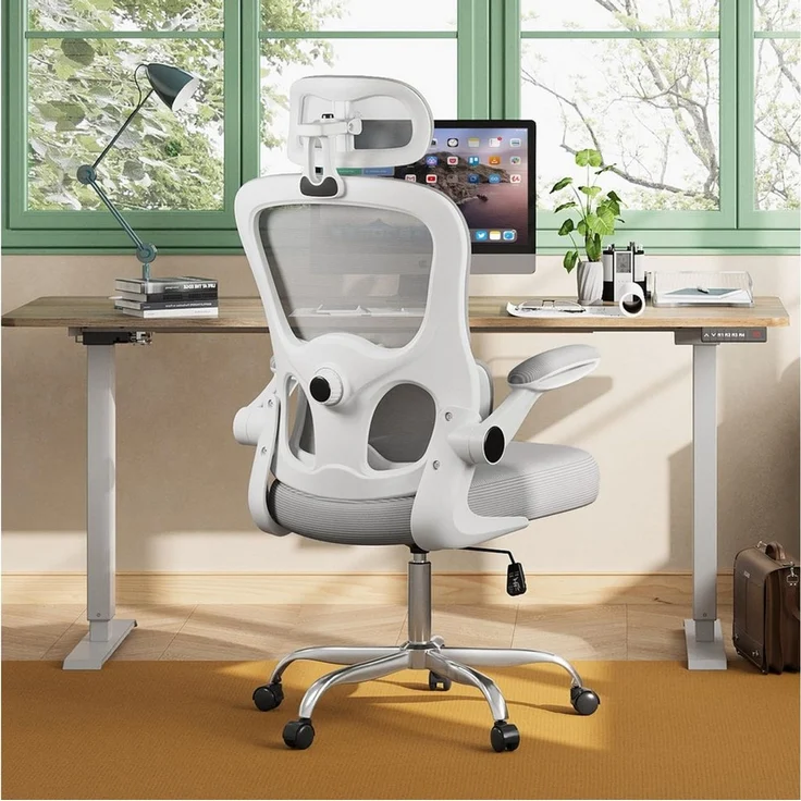 DEVAISE Bürostuhl Ergonomischer Drehstuhl mit 3D-Kopfstütze, Lordosenstütze (90° klappbaren Armlehnen), Mesh-Rücken, Wippmechanik 90–125°, bis 136 kg – Bild 2