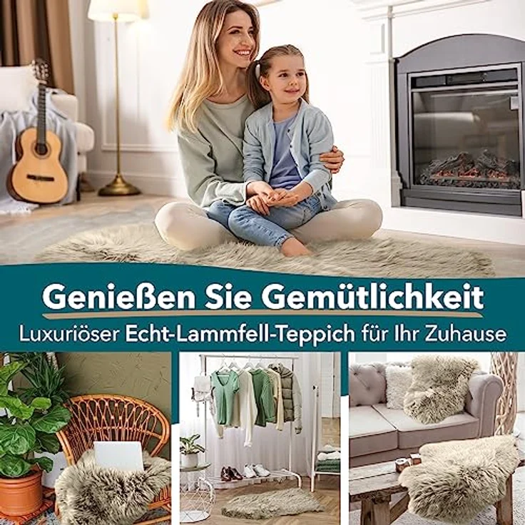 KARAT Lammfell echt - Dark Beige Flauschige Stuhlkissen Schaffell Deko Teppich für Wohzimmer & Kinderzimmer, Sitzauflage, Dekofell, mit Lederrücken 90x60 cm (Audrey) – Bild 4