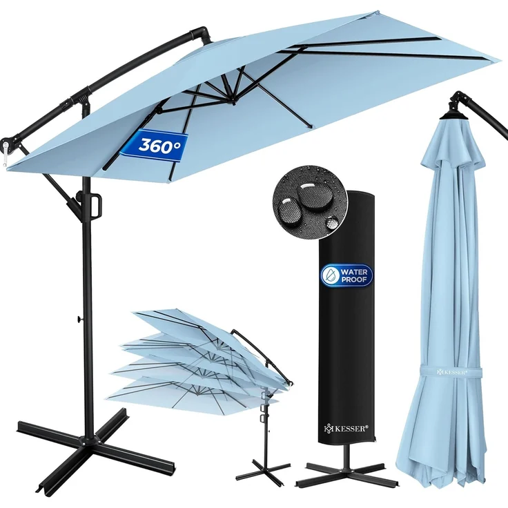 KESSER® Ampelschirm Holly Sonnenschirm Rechteckig ohne LED Solar inkl. Abdeckung + Windsicherung mit Kurbel | Kurbel-Schirm mit Ständer UV-Schutz Aluminium Wasserabweisend Ø350cm Gartenschirm Hellblau – Bild 1
