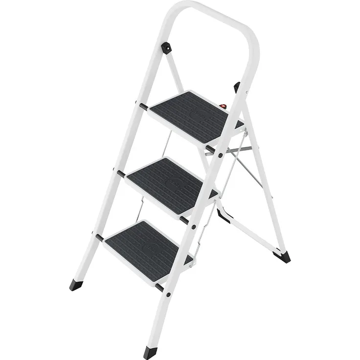 Hailo HobbyStep Stahl-Klapptritt-Leiter - 3 breite Stahl-Stufen mit Anti-Rutsch-Matten belastbar bis 150 kg - Trittleiter mit Klappsicherung - geriffelter ganzflächig aufstehender Steckfuß - weiß