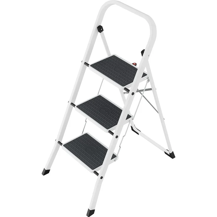 Hailo HobbyStep Stahl-Klapptritt-Leiter - 3 breite Stahl-Stufen mit Anti-Rutsch-Matten belastbar bis 150 kg - Trittleiter mit Klappsicherung - geriffelter ganzflächig aufstehender Steckfuß - weiß
