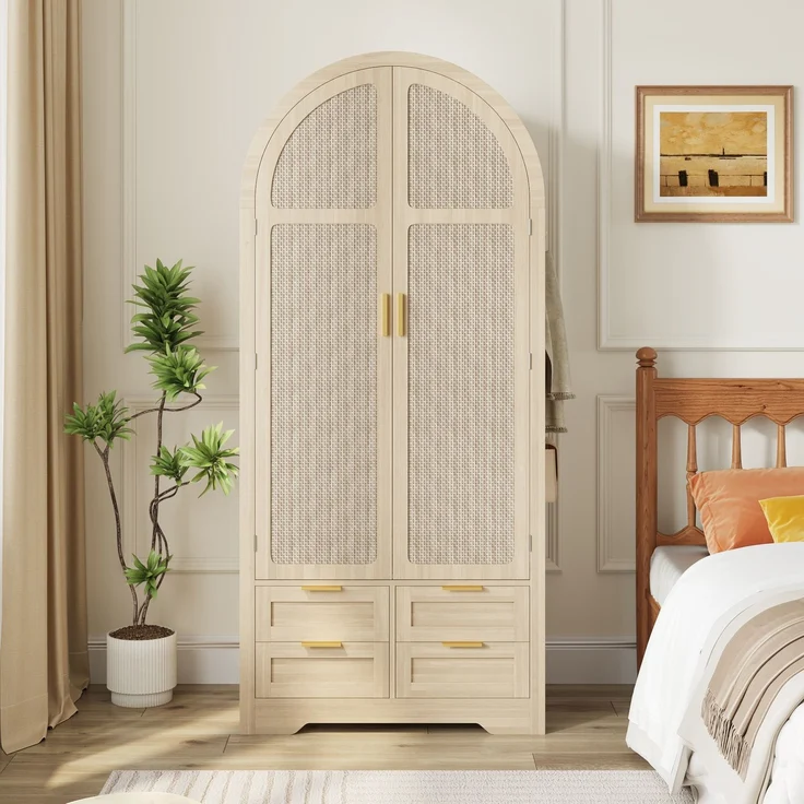Kleiderschrank 80 x 50 x 180 cm in Eichenholzfarbe mit Rattantüren und Schubladen – Bild 1