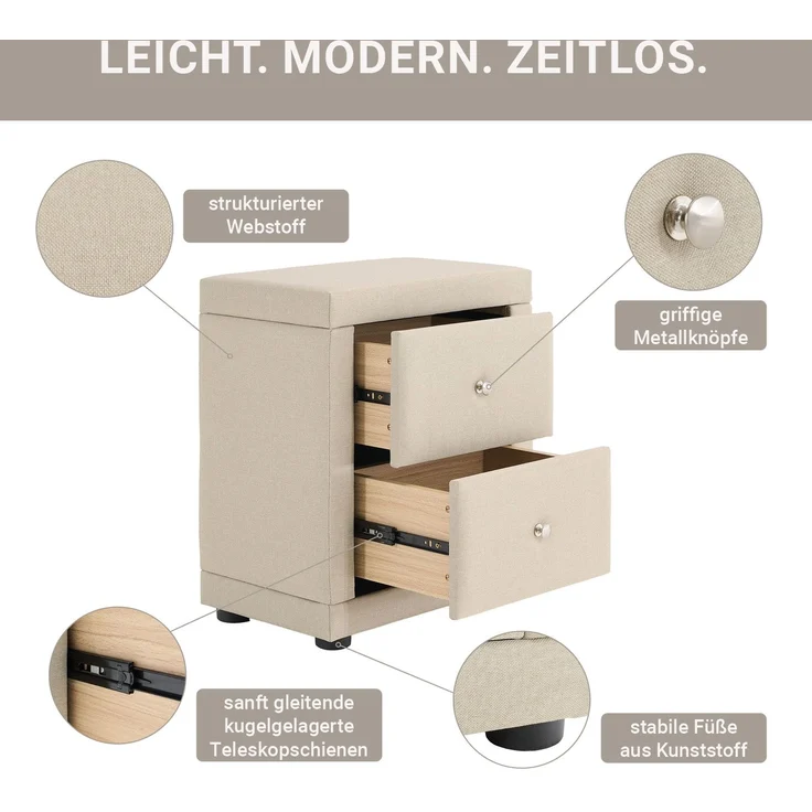 Nachtschrank 2er Set 2 Nachttische mit Schubladen Nachtkommode Beistelltisch Stoff Beige Schlafzimmer – Bild 7
