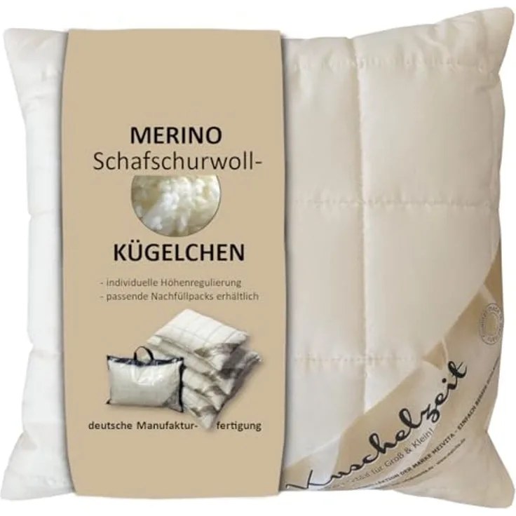 Meivita Naturhaarkissen Merino Schafschurwolle Kopfkissen, Füllung: 100% Wolle (Schurwollkügelchen), Bezug: Baumwolle, Rückenschläfer, Seitenschläfer, Bauchschläfer, Kissen Hergestellt in Deutschland