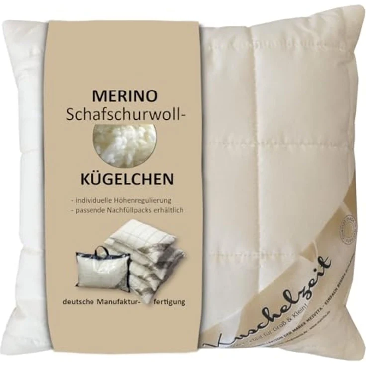 Meivita Naturhaarkissen Merino Schafschurwolle Kopfkissen, Füllung: 100% Wolle (Schurwollkügelchen), Bezug: Baumwolle, Rückenschläfer, Seitenschläfer, Bauchschläfer, Kissen Hergestellt in Deutschland – Bild 1