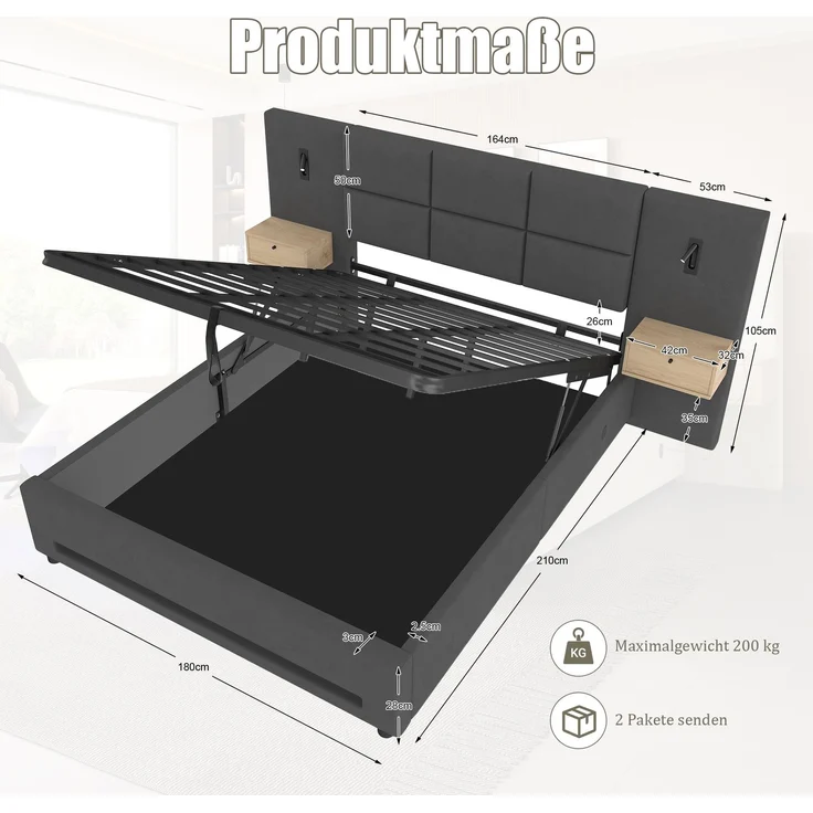 TavilaEcon Boxspringbett mit Samtkopfteil, praktischen Stauschubladen und LED-Nachtlicht grau Liegefläche 180 × 200 cm – Bild 2