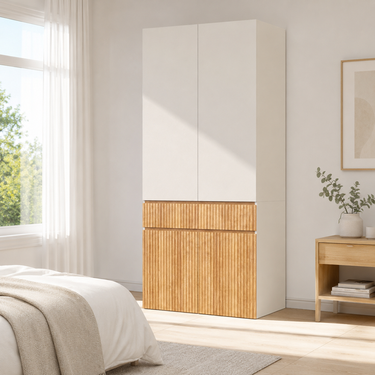 Kleiderschrank mit Kleiderstange & Schublade, 90x50x200 cm, Helle Eiche/Grau – Bild 2