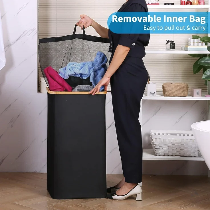 efluky Wäschekorb 100L Bambus Deckel faltbar XXL black Laundry Basket – Bild 3