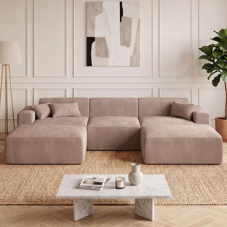 skølm 'Freki' Cloud Sofa 3 Sitzer mit 2x Hocker, Vollschaumcouch mit Federkern und Vakuum-Kompression, kein Aufbau erforderlich, mit 3 Kissen, Cord taupe – Bild 1