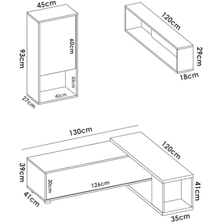 Dmora - Wohnwand Denali, modulares Eck-Wohnzimmerset, Multipositions-Wohnzimmermöbel, 230 x 41 x 180 cm, Weiß und Eiche – Bild 2