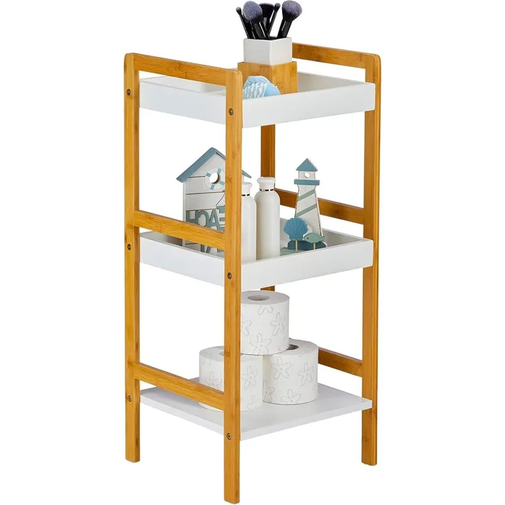 Avilia Regal aus weißem Bambus mit 3 Einlegeböden, platzsparend, multifunktional, für Badezimmer, Küche, Schlafzimmer, 36 x 33 x 80 cm, Elegantes Design