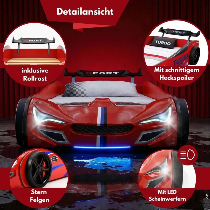 Autobett GTE Kinderbett im Rennwagen-Design mit Lattenrost Farbe Rot – Bild 2
