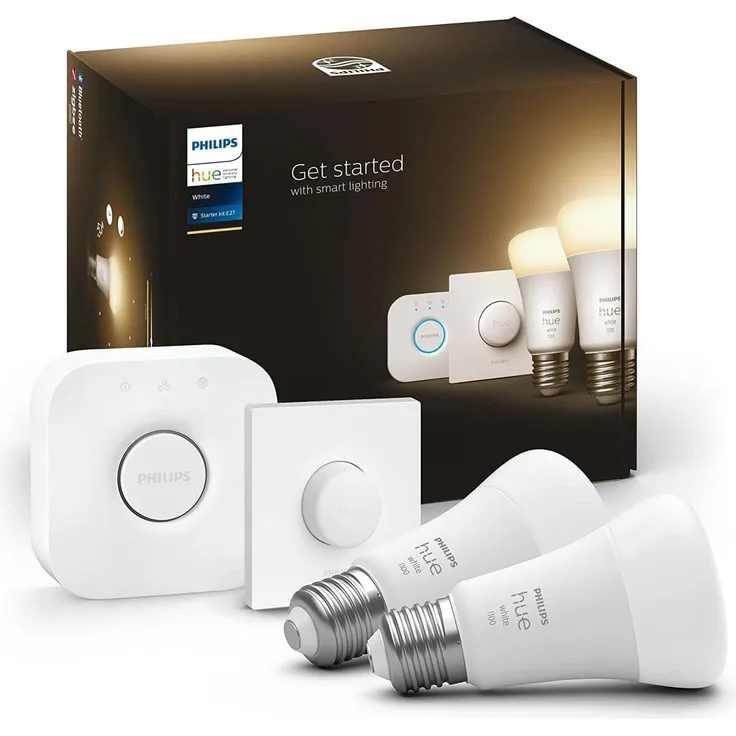 Philips Hue White Starter Set mit E27 Lampen 2-er Pack (1.055 lm), Smart Button+ Hue Bridge, LED Leuchten mit warmweißem Licht über Hue Lichtsystem per Sprache und App steuerbar