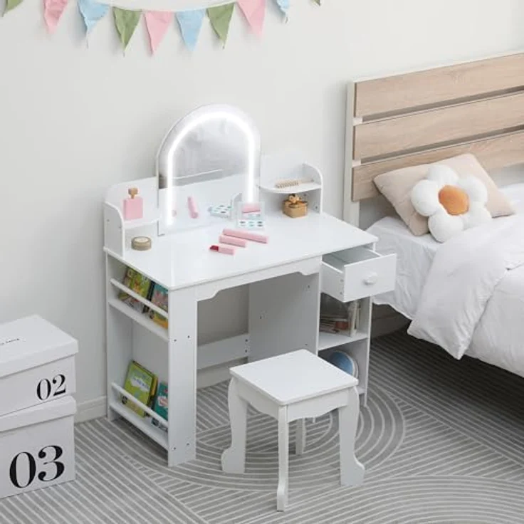 GarveeLife Schminktisch für Kinder mit Hocker und LED-Spiegel, Kleiner Schminktisch mit Schublade und 1 offenen Fächern, für Mädchen von 3-6 Jahren, weiß, inklusive Zubehör – Bild 1