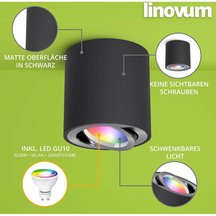 linovum LED Aufbaustrahler CORI Aufbauspot schwarz gebuerstet schwenkbar mit Smart GU10 RGB LED, RGB – Bild 3