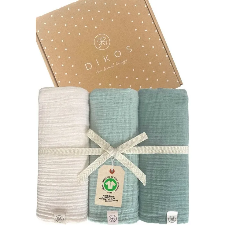 Babydecke Mulltücher 3er-SET gekreppt, Spucktuch 64x64 100% GOTS BIO-Baumwolle, DIKOS, PREMIUM Qualität atmungsaktiv, nachhaltig, plastikfrei, kuschelweich