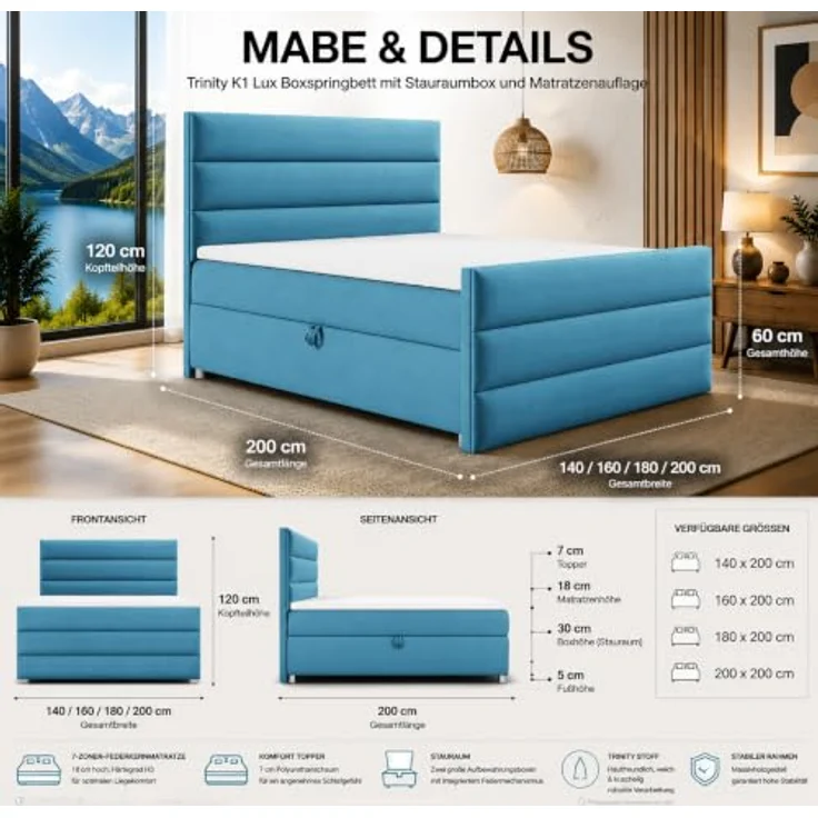 Best for Home Trinity K-1 LUX Boxspringbett, Modernes Boxspringbett mit Stauraum, 7-Zonen-Bonnell-Federkernmatratze, PUR-Schaum-Topper, verschiedene Größen erhältlich – Bild 5