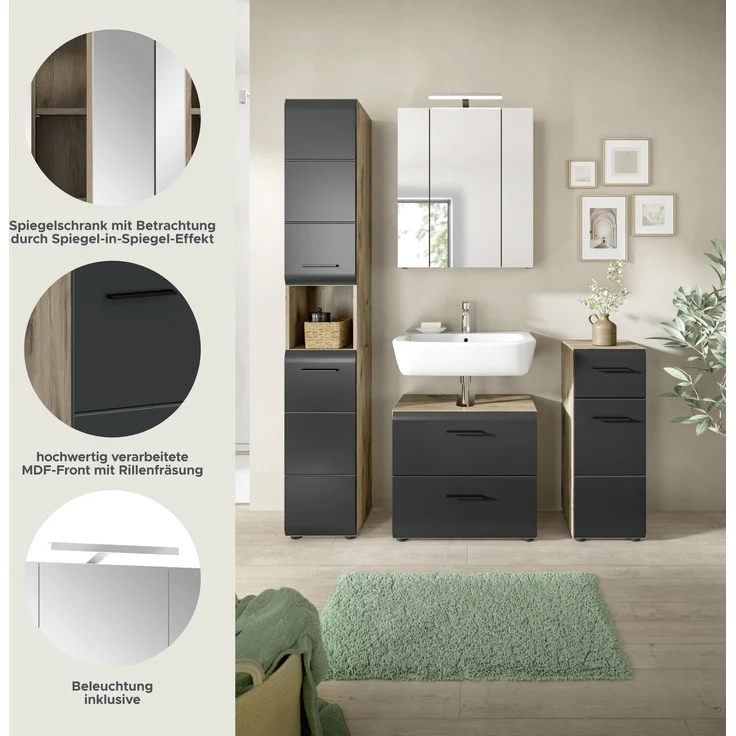 Badkombination (B/H/T: 150x185x46 cm) in schwarz matt und Nox Oak Nachbildung – Bild 8