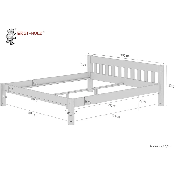 ERST-HOLZ Bett Ehebett Landhaus Kiefer Massivholz 180x200 mit Rost, Kieferfarblos lackiert – Bild 2
