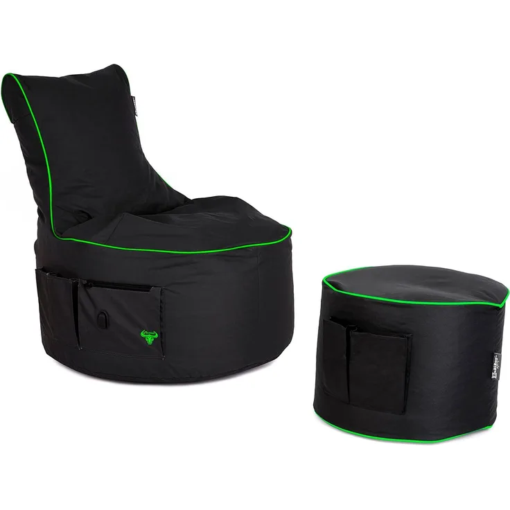 BuBiBag Gaming Sitzsack mit Hocker - Sitzsack für Kinder und Erwachsene | Beanbag mit Anschluss, Gaming, Halterung und Seitentasche, Outdoor Sitzsack - Maverick (Anthrazit-Neongrün)