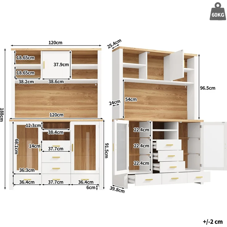 Seitenboard / Aufbewahrungsschrank / Multifunktions-Küchenschrank / Buffetschrank, 120x40x188cm, Landhausstil, 4 Türen, mit LED-Lichtleiste, 6 Schubladen & 3 Türen, Weiß mit Holzoptik – Bild 7