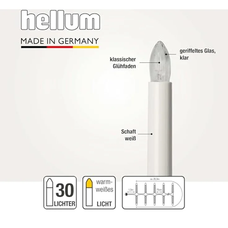 Hellum Lichterkette Weihnachtsbaum innen Made in Germany, Christbaumbeleuchtung mit Clips, 30 Lichter, 2030 cm beleuchtet, grünes Kabel und weißer Schaft, für Innenbereich mit teilbaren Stecker 813012 – Bild 3