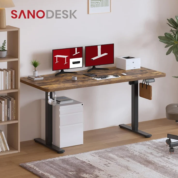 SANODESK Höhenverstellbarer Schreibtisch 160x60 cm mit Memory-Funktion, Elektrischer Steh-Sitz Tisch für Heimbüro, Ergonomischer Computertisch mit Modernem Design und Vierteiliger Tischplatte, braun – Bild 3