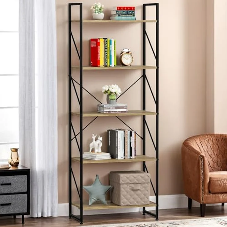 YITAHOME Bücherregal, Standregal mit 5 Ebenen, Hohes Lagerregal mit Metallrahmen, Industrielles Ausstellungsregal, Regaleinheiten, für Wohnzimmer, Schlafzimmer, Homeoffice, Küche, Eichenfarbe Regal – Bild 5