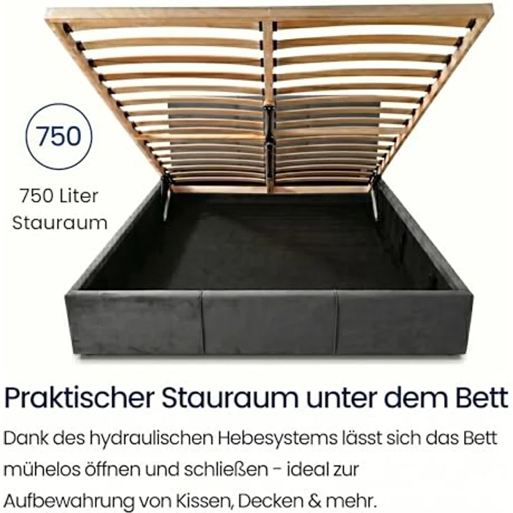 Home Collective Polsterbett Doppelbett mit Stauraum und flexiblem Lattenrost, Aschgrau, 120x200 bis 180x200 cm – Bild 3