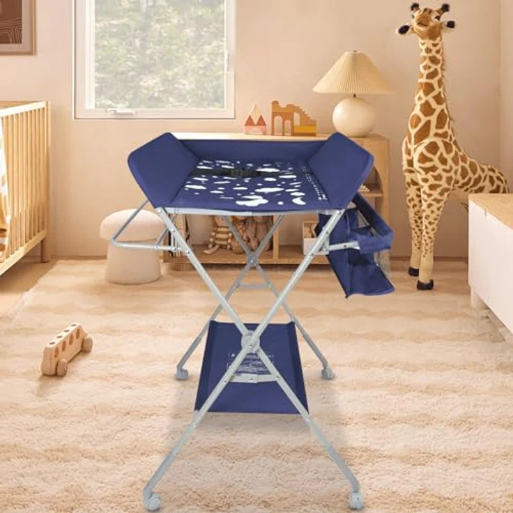 Baby Klappbarer Wickeltisch，Mobiler Wickeltisch mit Rollen und Wickelauflage,Wasserdicht und Höhenverstellbar，Baby Wickelkombi mit Ablagefächern-80 * 58 * 90 cm-Marineblau – Bild 5