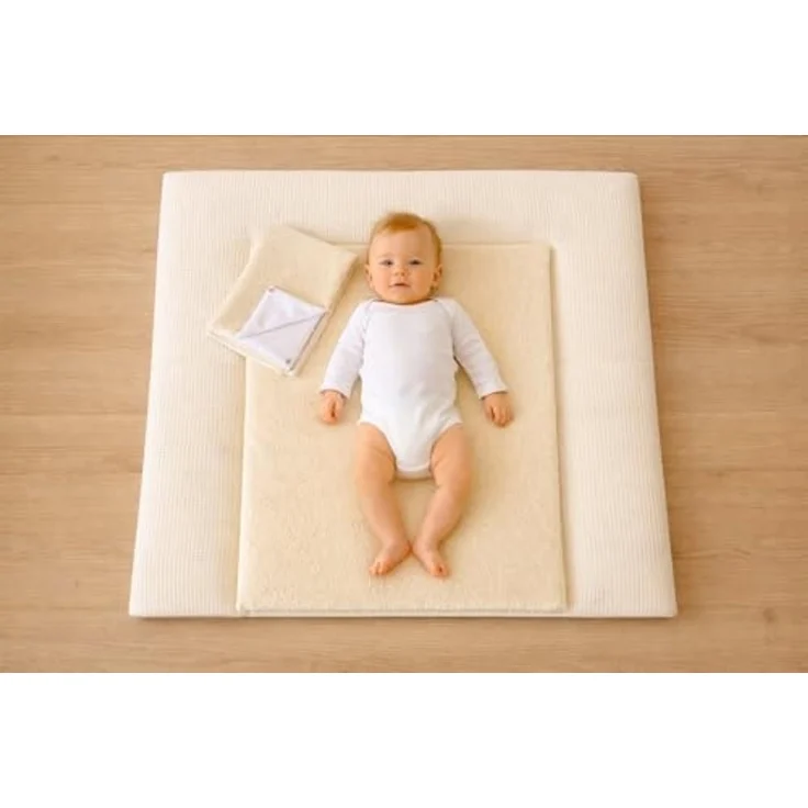 Wickelauflage Set 3-teilig – Wickelunterlage aus Waffelstoff mit Druckknöpfen – Baby Wickelauflage mit 2 Frottee Overlays – Wickeltischauflage – 75x72 cm (Breite x Tiefe), Hellbeige – Bild 4