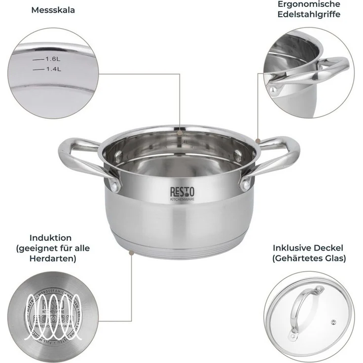 RESTO Kitchenware Kochtopf Rigel, Topf spülmaschinenfest, Edelstahl 18/10 (2-tlg), mit hitzebeständigem Glasdeckel, im Geschenkkarton – Bild 4