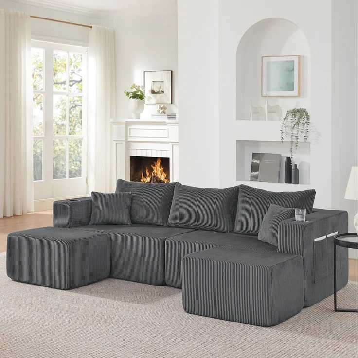 Ecksofa, Cordstoff mit 2 beweglichen Ottomanen & Getränkehaltern, 3-Sitzer, 230×138×75 cm, Grau – Bild 1