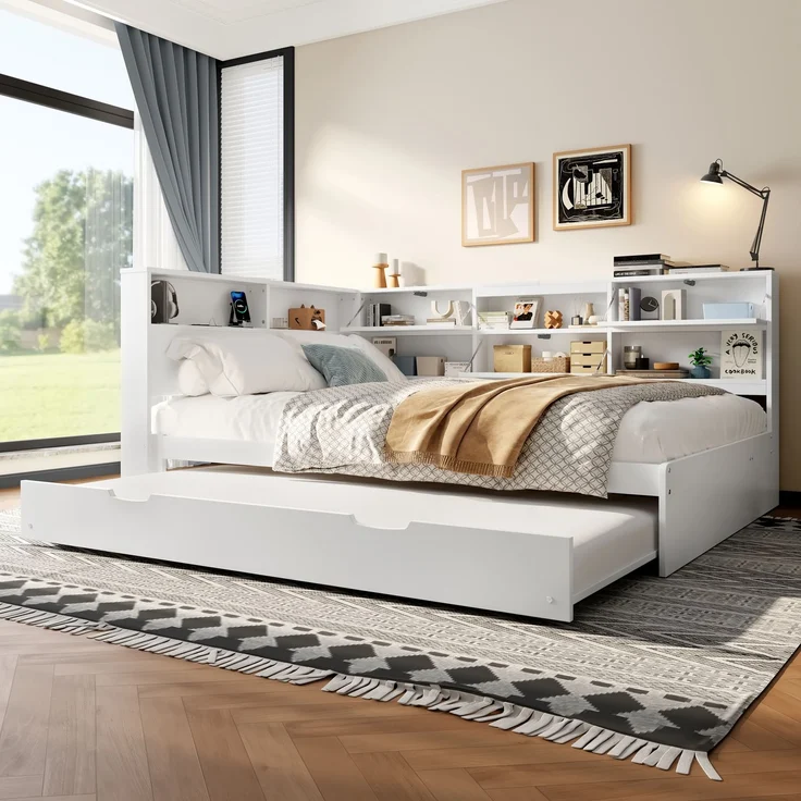 ZUBALIYA Tagesbett 140x200 cm, mit Ausziehfunktion für zusätzliche Liegefläche, mit USB - Ladeanschluss am Bett, mit integrierter Steckdose, Weiß – Bild 3