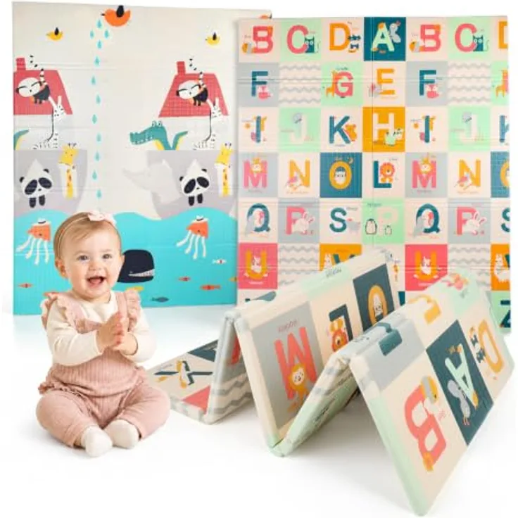 Dripex Krabbelmatte Baby Faltbar 200x180x1.5 CM Kinder Spielmatte BPA-frei | Groß Spieldecke Rutschfeste Krabbeldecke Wendbar Tragbar & Wasserdicht für Kinderzimmer Wohnzimmer (ab 0 Monate)