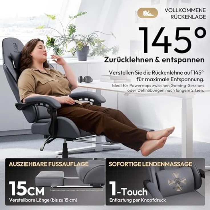 Dowinx Gaming Stuhl Tasche Frühling Kissen, Atmungsaktiver Bürostuhl aus Hochwertigem Stoff, Ergonomischer PC-Stuhl mit Kopfstütze, Drehbarer Schreibtischstuhl mit Fußstütze (Grau) – Bild 8