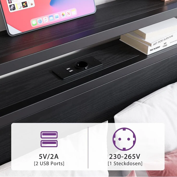 CHICFURN Bett aus MDF und Metall 140x200 cm mit Stauraum und USB-Anschluss Schwarz – Bild 6