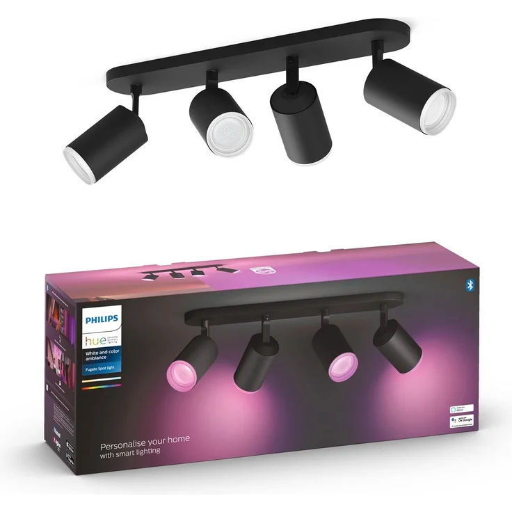 Philips Hue White & Color Ambiance Fugato Spot 4 flg. schwarz 4x350lm, dimmbar, 16 Mio. Farben, steuerbar via App, kompatibel mit Amazon Alexa (Echo, Echo Dot)