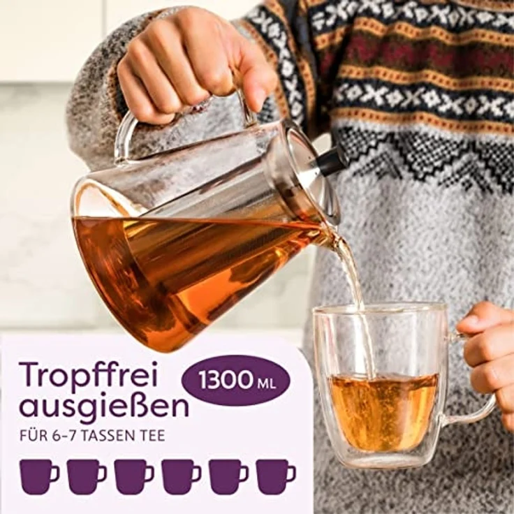 Cosumy Teekanne Teekanne Glas mit Edelstahl Siebeinsatz 1,3 L - Mit Untersetzer, 1300 l, (Set, Teekanne mit Siebeinsatz und Untersetzer), mit Siebeinsatz inkl. Untersetzer - Spülmaschinenfest - Hitzebeständig – Bild 4