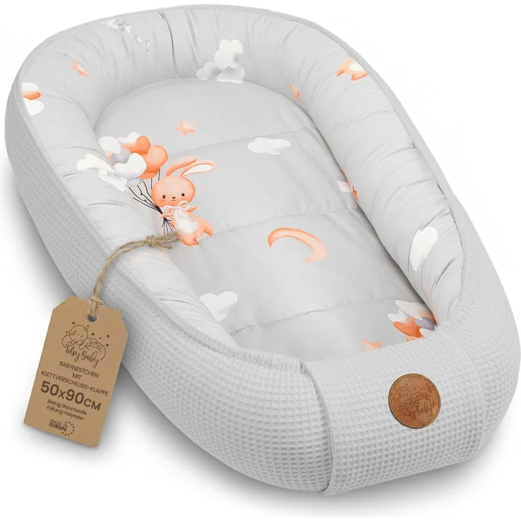 Babynest Neugeborene Nestchen Baby - 90x50 cm Kokon Handmade zweiseitig aus Waffel Piqué Baumwolle Schlummer Kaninchen