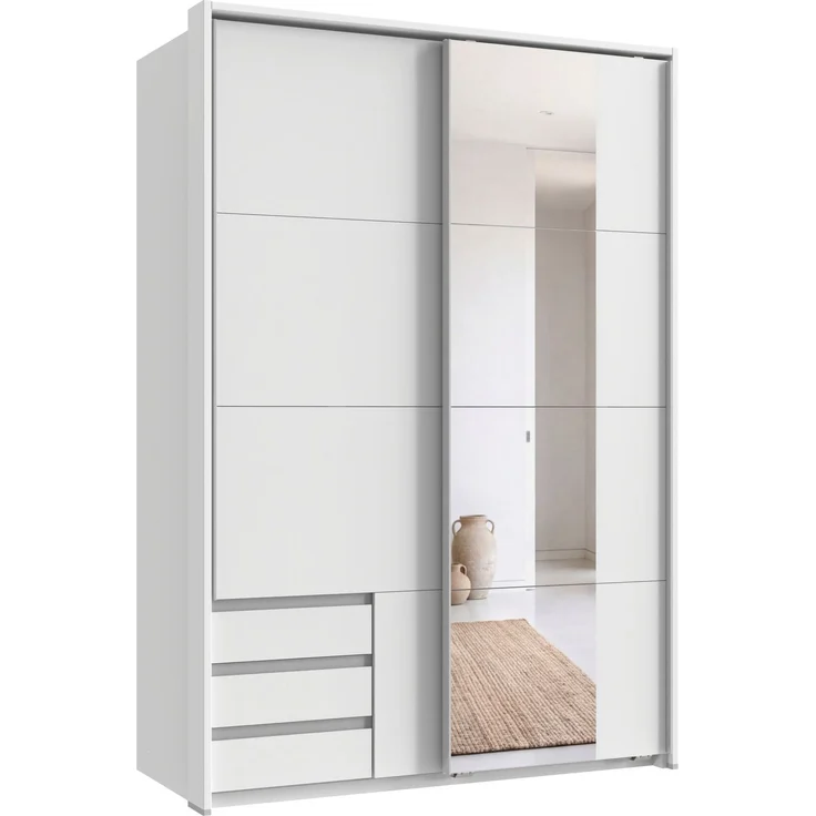 Schwebetürenschrank 2tg Kleiderschrank 138cm Weiß Schublade Spiegel Passepartout – Bild 1