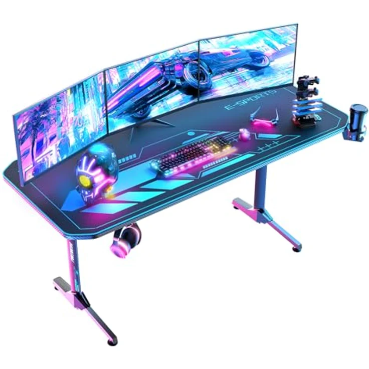 Himimi 160cm Gaming Schreibtisch, 160 x 75 x 75 cm Ergonomischer Trust Gaming Tisch, T-Form PC Gamer Computertisch mit großer pad, Becherhalter, Kopfhörerhaken, Kabelmanagement & Gaming Griffgestell – Bild 2