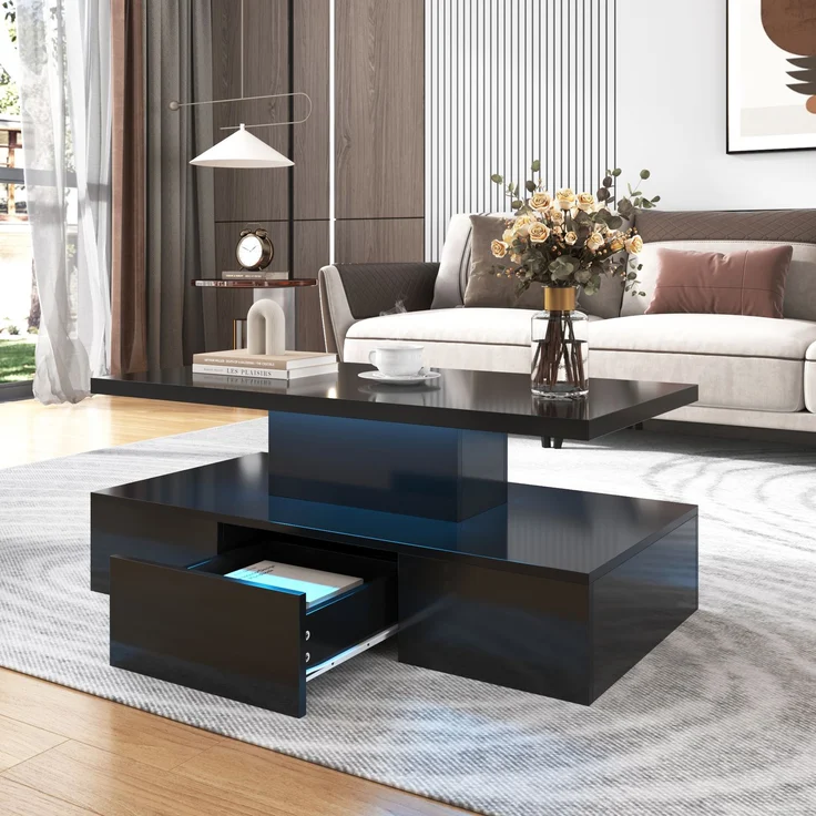 Merax Couchtisch, Tisch mit Schubladen, Hochglanzlackierung, Beistelltisch mit zwei Ablageebenen. Mit LED-Licht, Schwarz – Bild 2