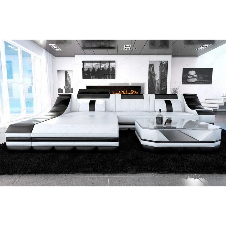 Couch Turino L Form in Leder - Ledermix - weiß-schwarz - Links – Bild 5