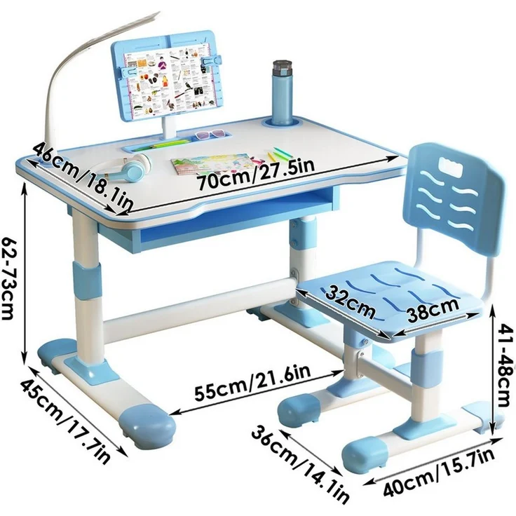 Rutaqian Kinderschreibtisch Kinderschreibtisch höhenverstellbar, Schreibtisch Kinder mit Stuhl (Höhenverstellbarer Ergonomischer Schreibtisch-Stuhl Set), Kinderschreibtisch-Stuhlset mit Tischlampe für Jungs und Mädchen – Bild 2
