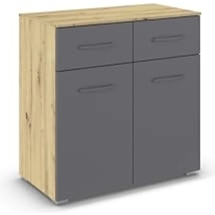rauch Aditio Box, Kommode, 2-türig, 2 Schubladen, mit Softclose-Funktion, Farbe Grau metallic/Eiche Artisan, BxHxT 80x81x42cm – Bild 1