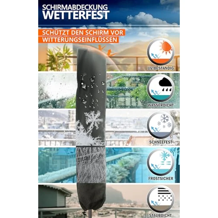 4smile Sonnenschirm Schutzhülle - Schutzhülle für Sonnenschirm Ø 300 cm / 250x150 cm - Wetterfeste Sonnenschirmhülle, Schirmhülle mit Stab, Reißverschluss, Polyester Abdeckung Sonnenschirm – Bild 4