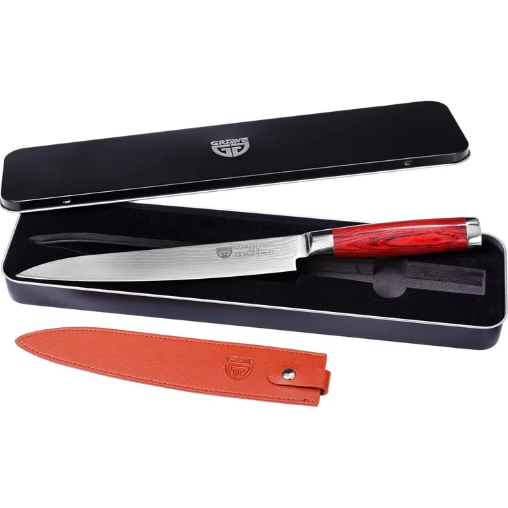 Gräwe Filetiermesser mit Klingenschutz und Metall-Box, Damaszener Stahl rot, 21 cm